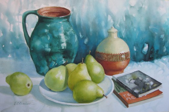 Still life - Pears, books, vases