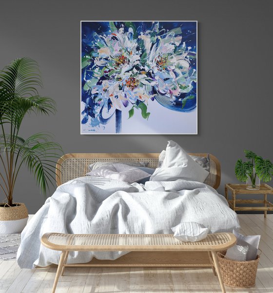 'FRESH MORNING' / white flowers on navy / 100x100