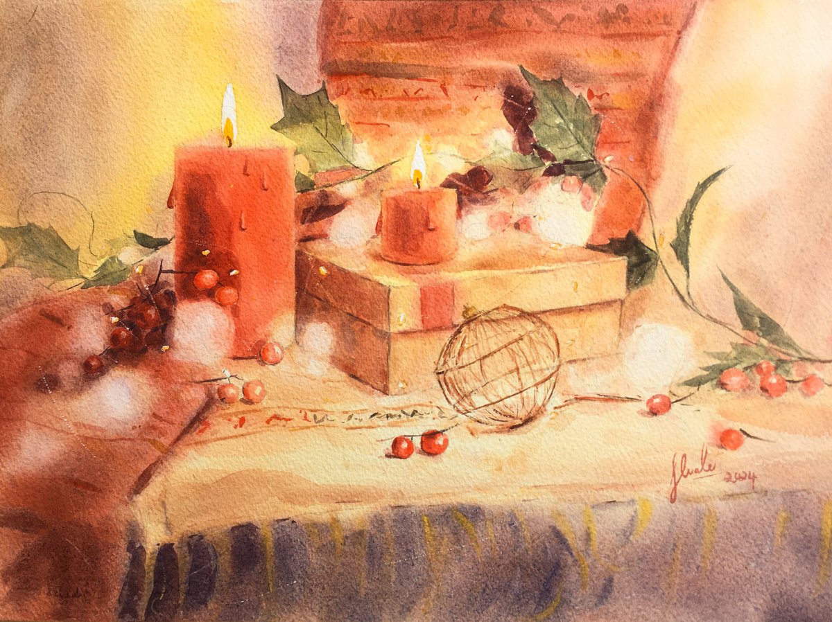 Still Life Watercolour By Hua Le, 15 X 11, Christmas Time, Original Artwork