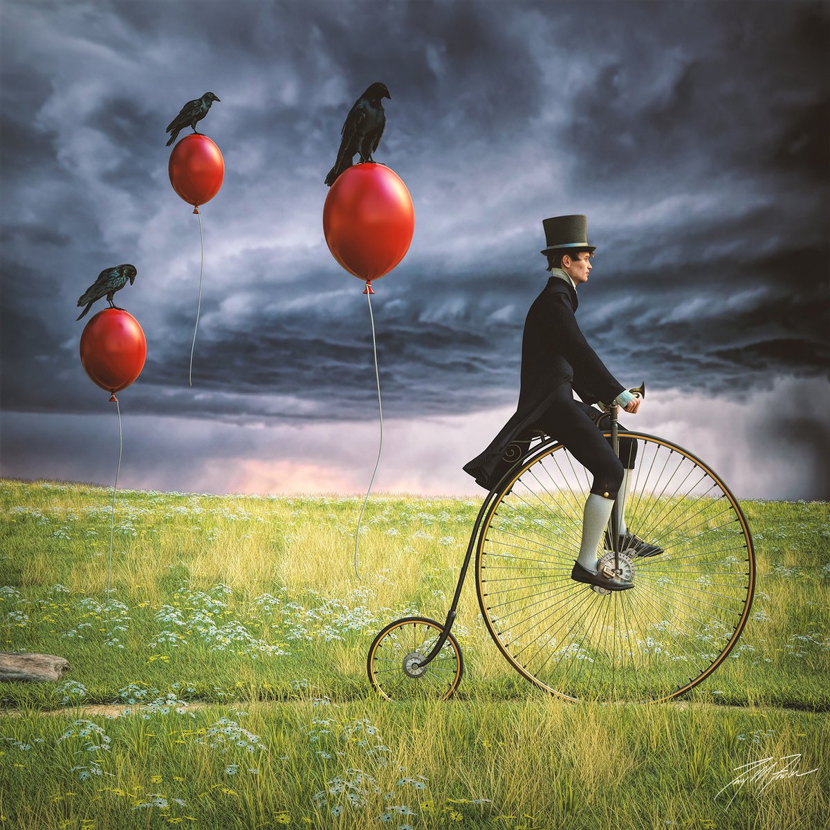 Surrealistic Portrait Giclee Print By Tony Fowler, 29 X 29", Red Crow Past, Original Artwork