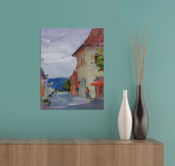 Streets of the old city Bardejov . Slovakia . Original plain air oil painting