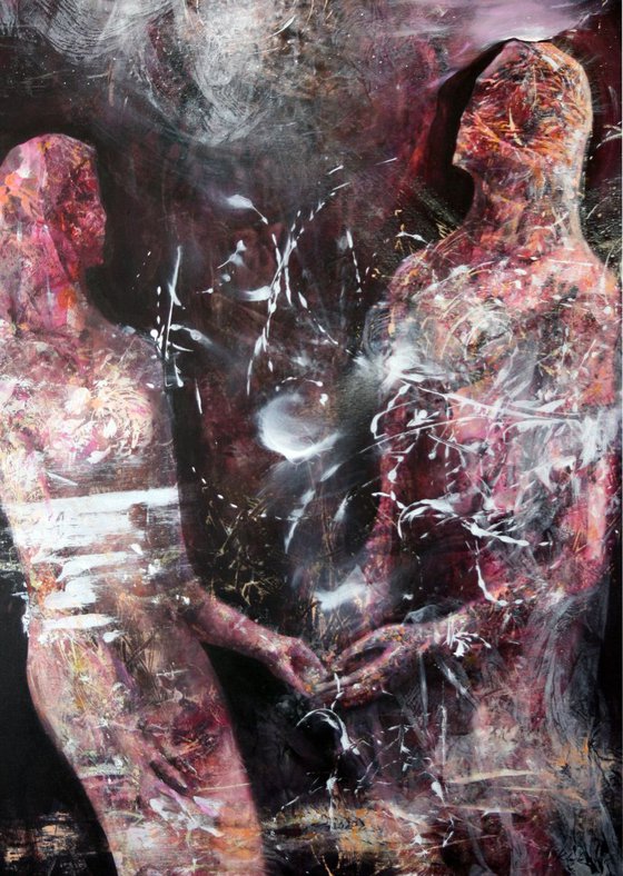 VERY LARGE ACRYLIC COUPLE NIGHT WEDDING SUPERBE ANCESTRAL COPLE IN LOVE ONIRIC ART BY OVIDIU KLOSKA