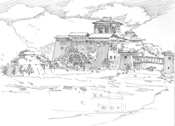 Pen drawing Monastery in Bhutan - Ink drawing-9.6"x 7"