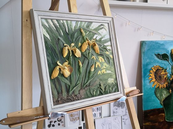 Yellow irises - the landscape of a summer flowering garden-3D-painting, , 30x30x4 cm depts
