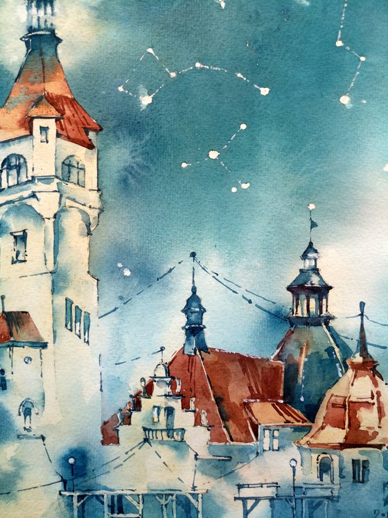 "Roofs of the Evening City" original watercolor fairy tale