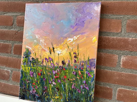 Yellow sunset with flowers