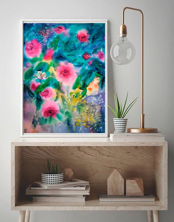 Roses Watercolor Painting, Abstract Wall Art, Pink Flowers Original Artwork