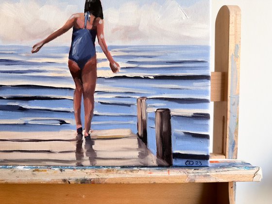 Girl on the Pier - Female Figure in Swimsuit Painting