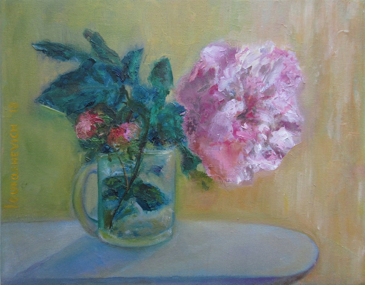 Impressionistic Botanical Oil Painting By Katia Ricci, 10 X 8", Peony In A Glass, Original Artwork