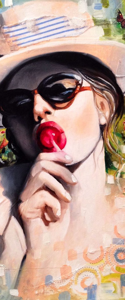 Strawberry lollipop-original oil color - series portrait 16'x 16' (40 x 40 cm ) by Valentina Toma' aka Zoe Chigi