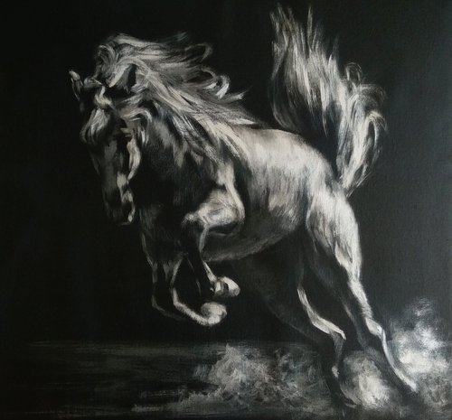 Equine Art Painting of Black Horse Wild Energy Black and Silver Minimalistic Art by Anastasia Art Line