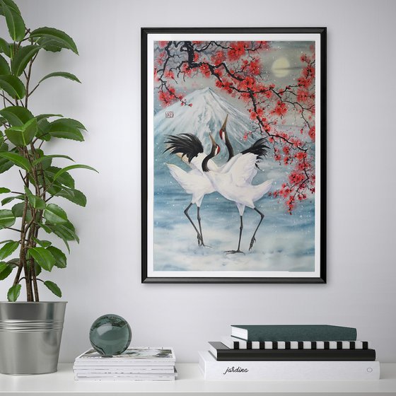 Japanese Red Crowned Cranes Dance and Plum Blossom