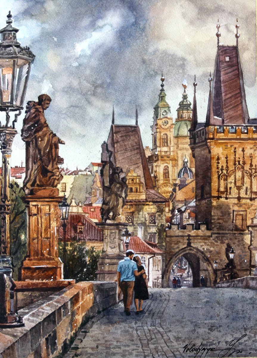 Cityscapes Watercolour By Volodymyr Melnychuk, 11 X 15", Walking Around Prague, Original Artwork