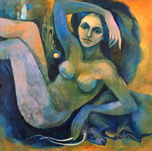 THE ABDUCTION OF BULL - erotic painting with a naked girl and a bull in green and blue colors by Irene Makarova