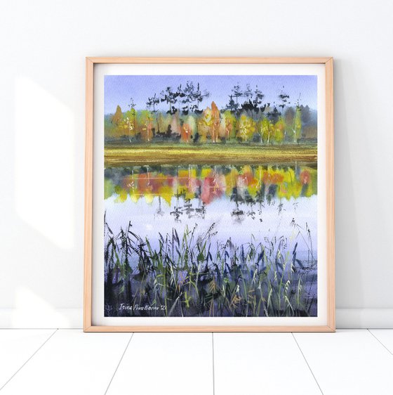 Original autumn landscape, watercolor painting with river and orange trees, reflections