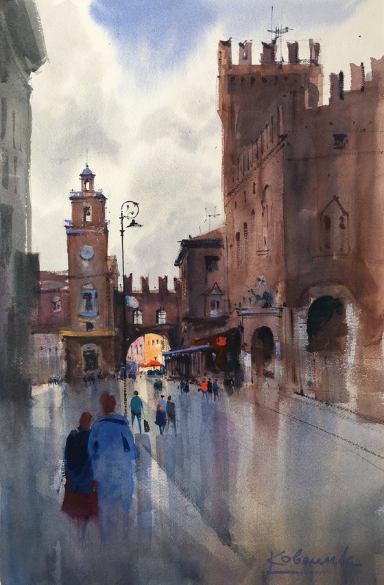 Original watercolor painting cityscape Ferrara. Italy