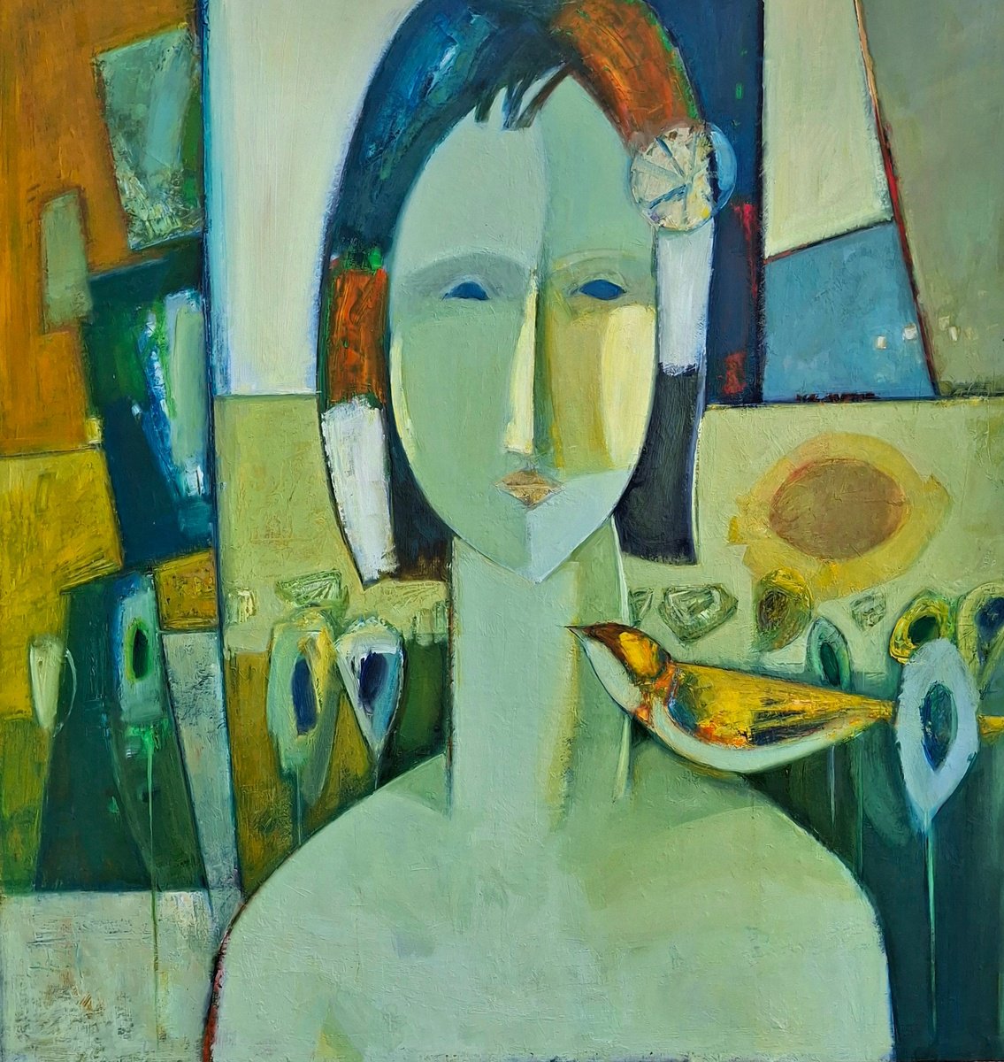 Abstract Portrait Oil Painting By Matevos Sargsyan, 39 X 41", The Messenger, Original Artwork