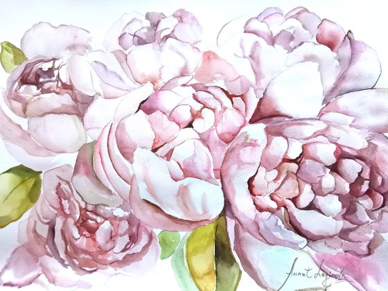 Peonies drawing on paper, Flowers painting