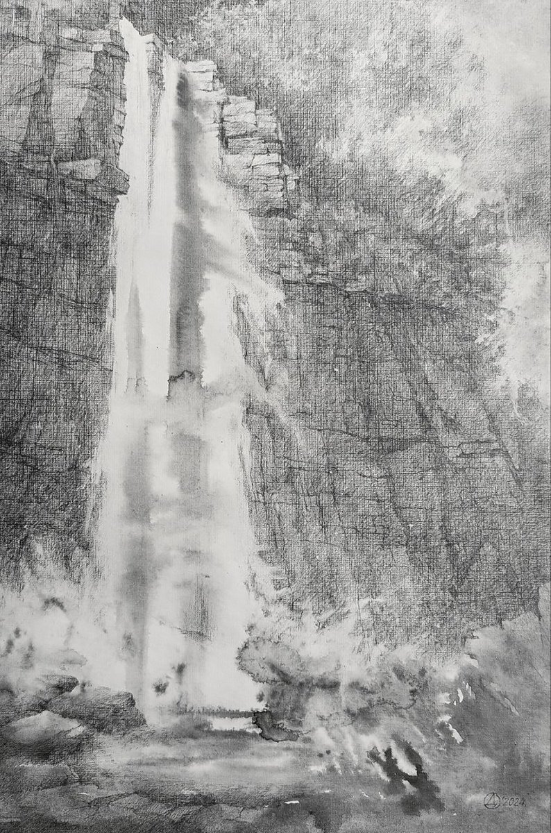 Impressionistic Landscape Pencil Drawing By Oksana Duchenchuk, 16 X 24", Waterfall, Original Artwork