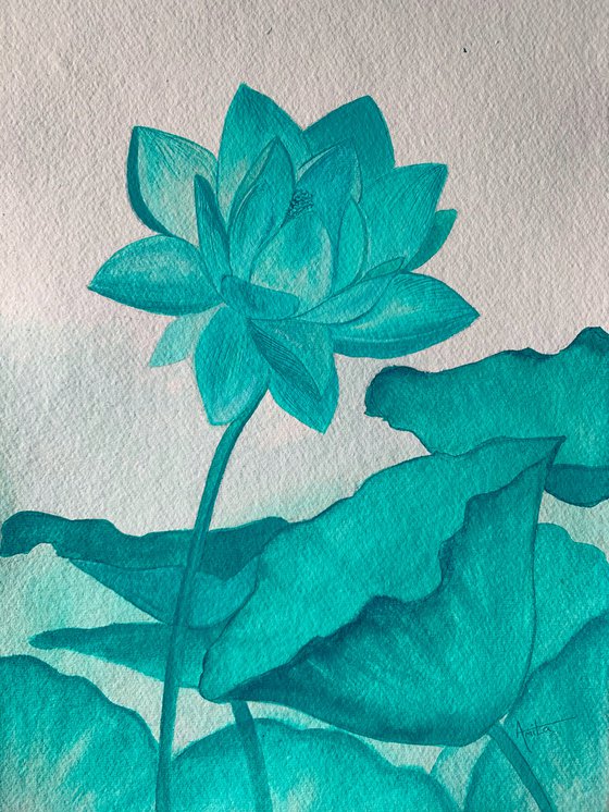 Turquoise lotus ! Monochrome painting! A3 size Painting on Indian handmade paper