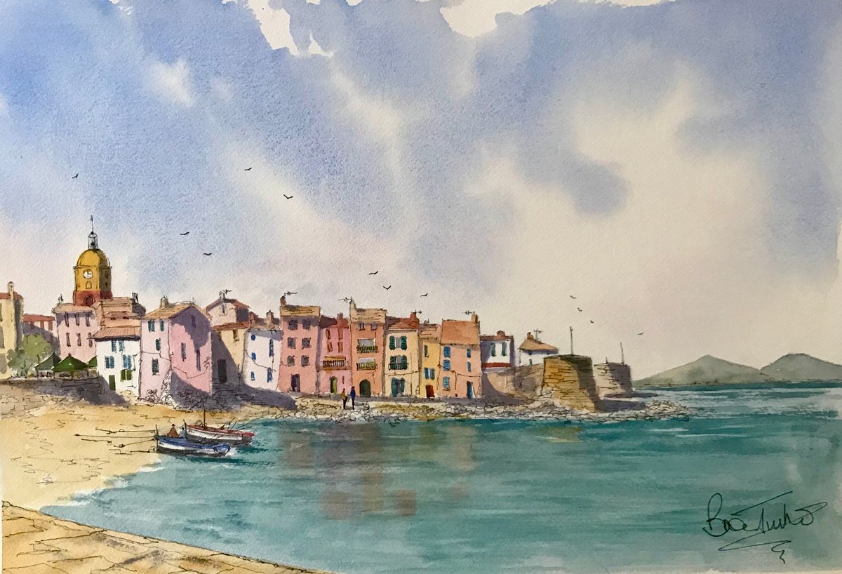 Impressionistic Landscape Watercolour By Brian Tucker, 18 X 12, Port De Peche St Tropez, Original Artwork