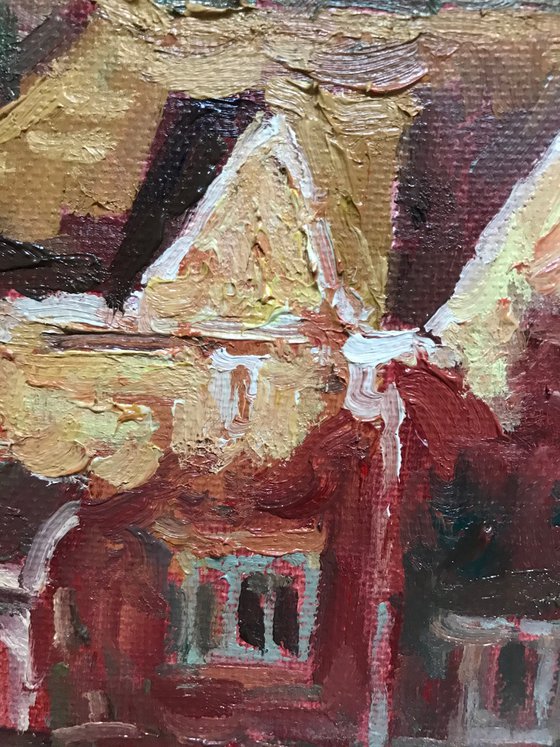 Original Oil Painting Wall Art Artwork Signed Hand Made Jixiang Dong Canvas 25cm × 30cm Golden Autumn small building Impressionism