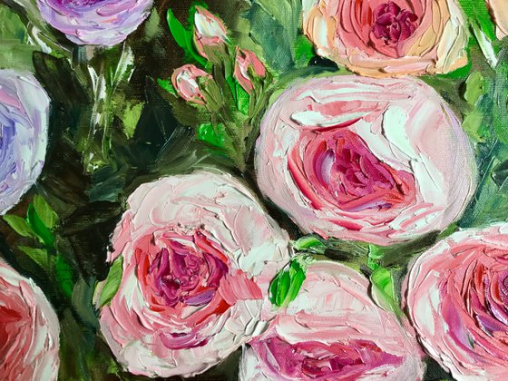 WHITE PINK YELLOW PURPLE  ROSES IN A GARDEN palette knife modern still life  flowers office home decor gift