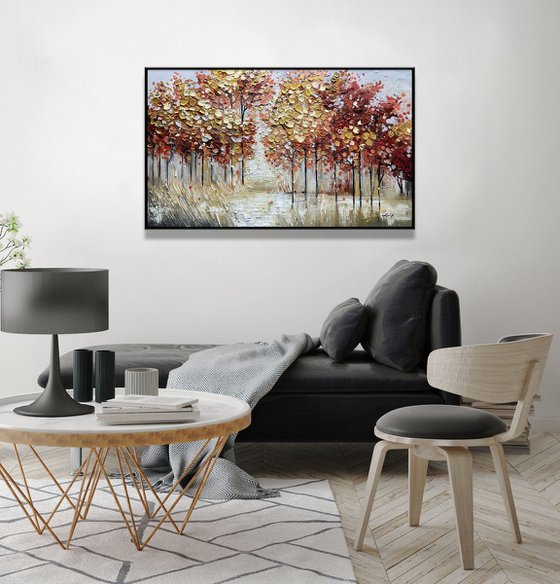 Quiet Nature - Abstract Colorful Trees Painting, Blossom Landscape Canvas Wall Art Painting, Large Abstract Red Flower Tree