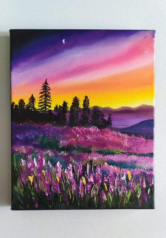 Original Miniature Sunset Landscape Painting Art 