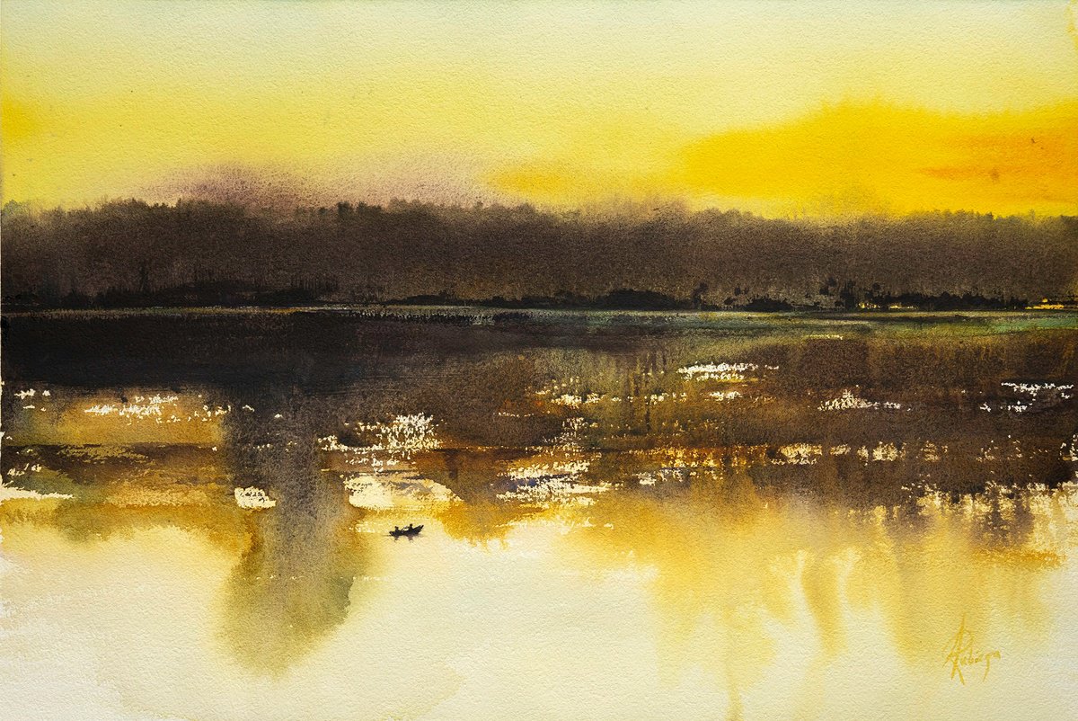 Landscape Watercolour By Andrzej Rabiega, 22 X 15, Sunset Over The Lake, Original Artwork