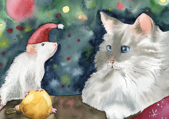 New Year's illustration with a white cat and a mouse. Original watercolor artwork.