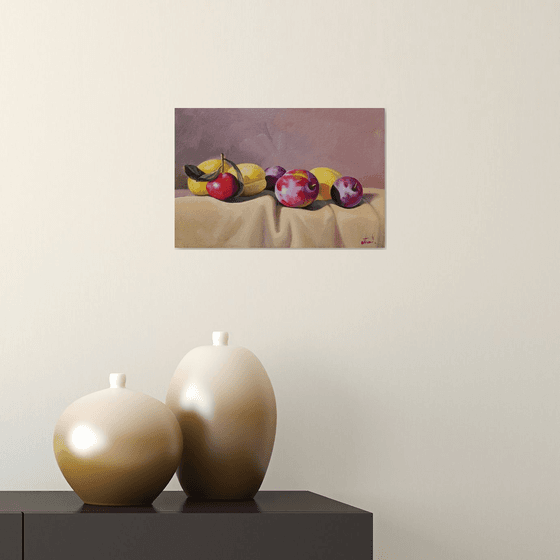 Still life with plums and apricot  (20x30cm, oil painting, ready to hang)