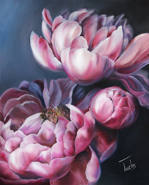 "Peonies" - beautiful dark floral oil painting by Diana Tuchs