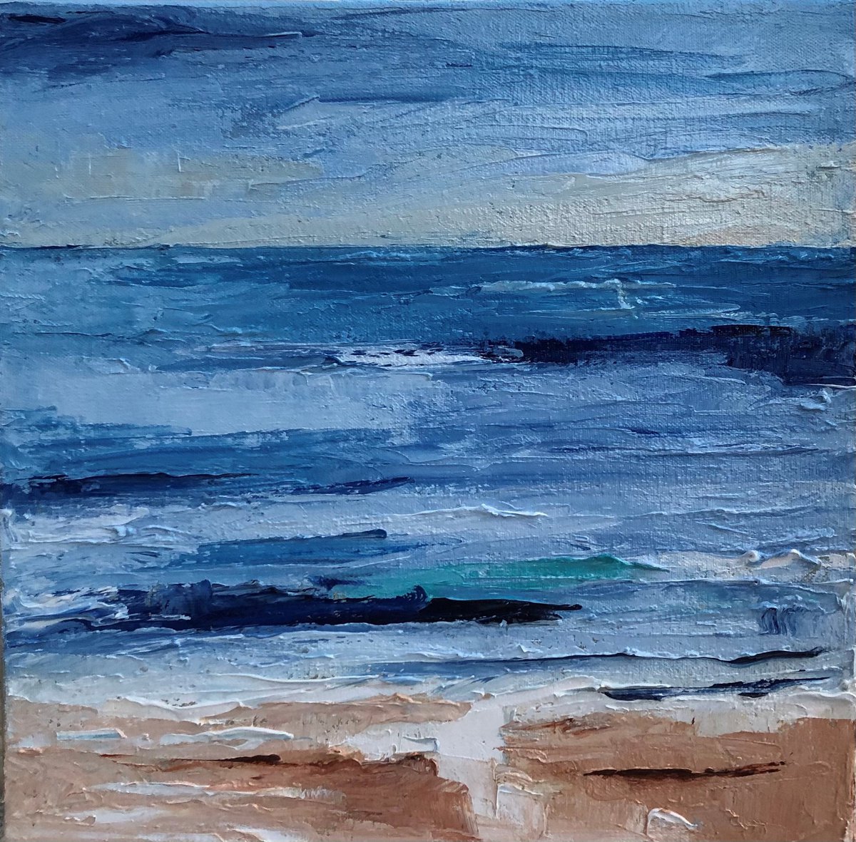 Into the Blue - small oil painting on canvas 12x12 ready to hang by Ann Palmer