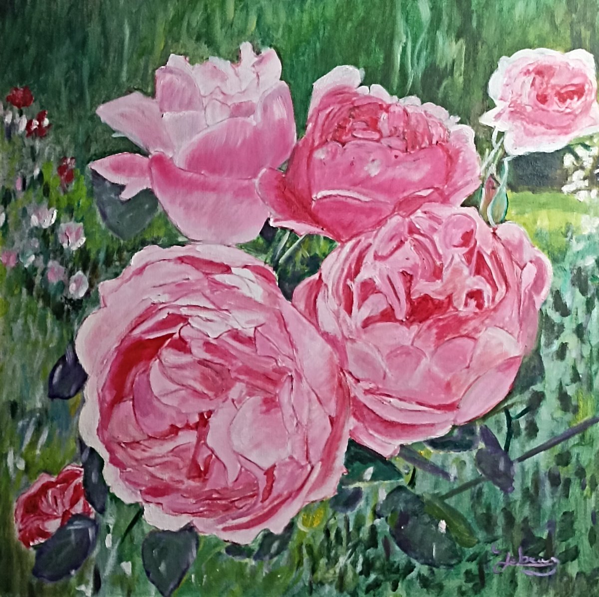 Impressionistic Botanical Oil Painting By Isabelle Lucas, 20 X 20, Pink Roses, Original Artwork