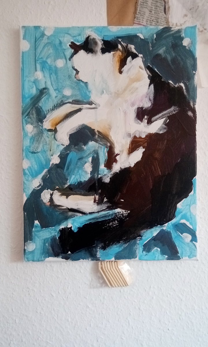 Expressive Animal Acrylic Painting By Valerie Lazareva, 12 X 16", #75/24 Black-White Cat, Original Artwork