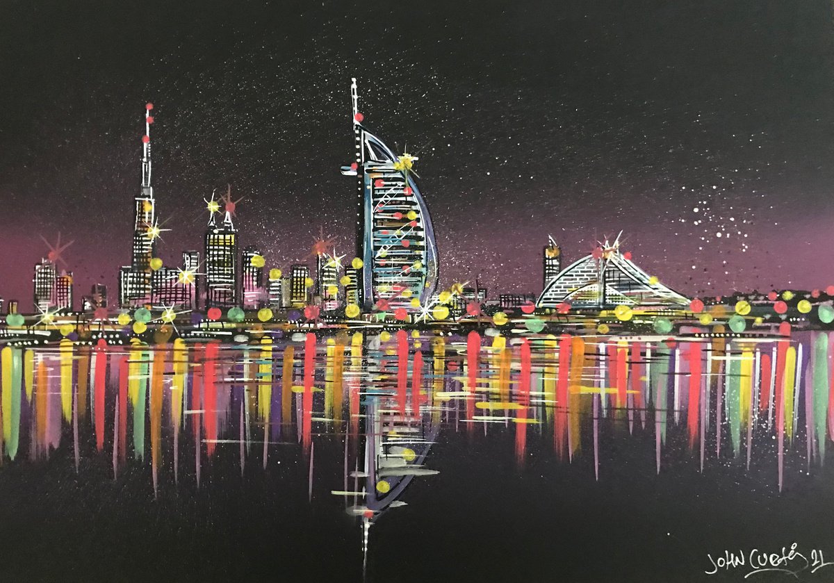 Illustrative Cityscapes Painting By John Curtis, 16 X 12, Dubai Skyline At Night -, Original Artwork