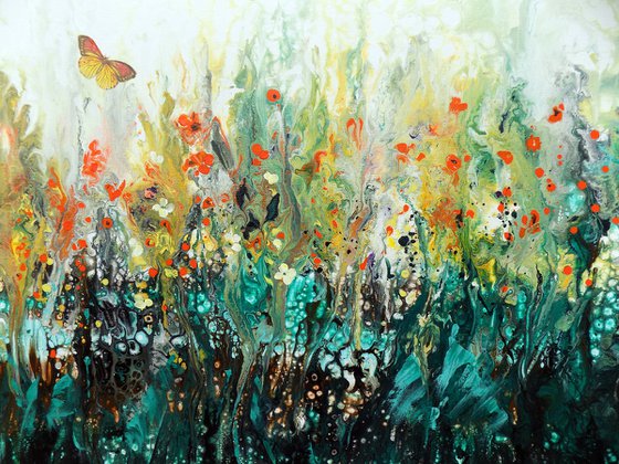 Garden extra large modern painting with flowers and butterflies