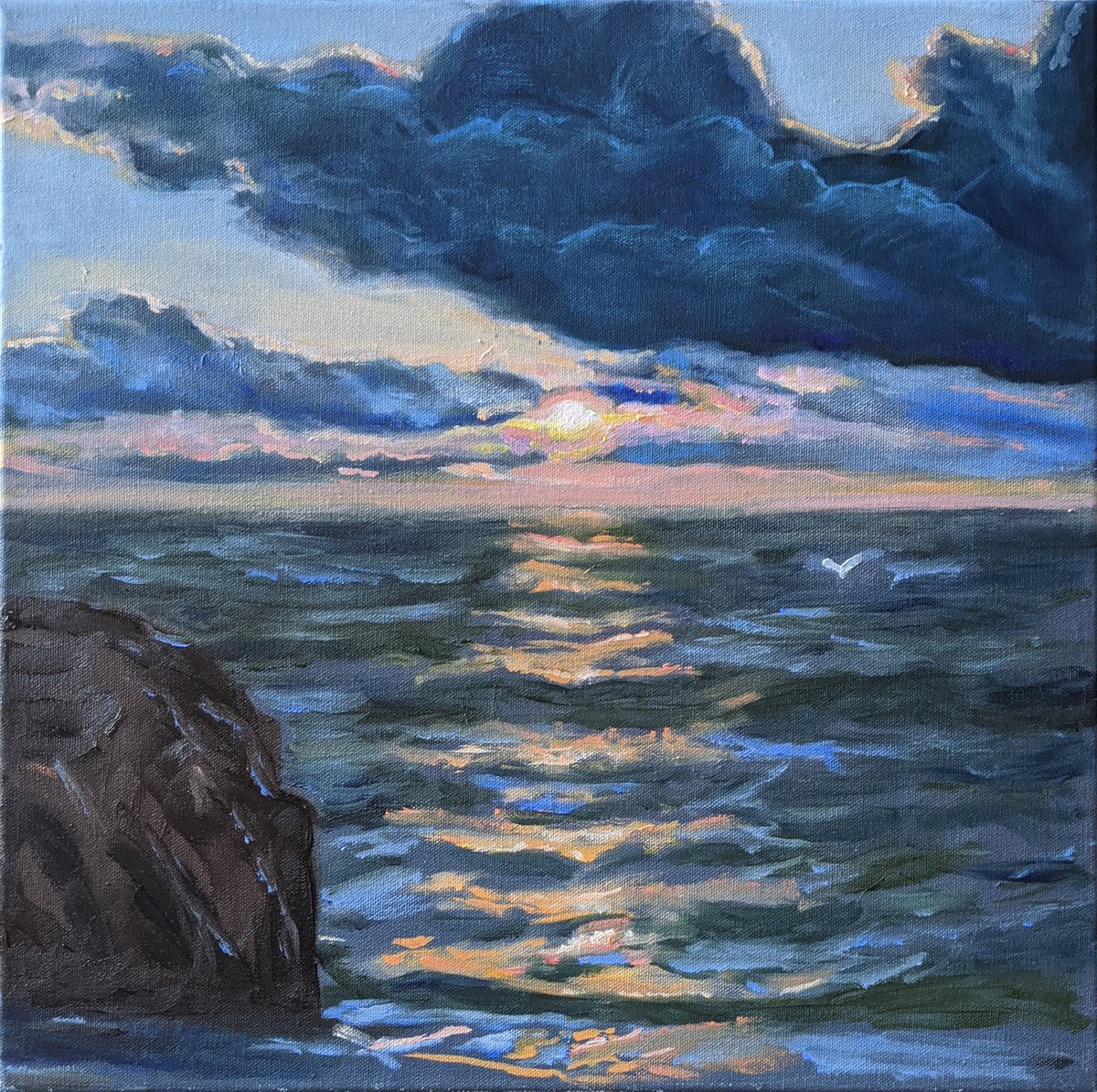 Impressionistic Landscape Oil Painting By Anna Brazhnikova, 16 X 16, Sunrise At The Seaside. Odessa, Original Artwork