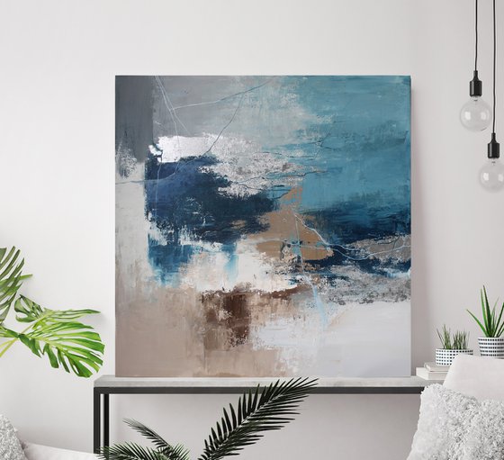 "Wave 3" Abstract navy and gray acrylic art