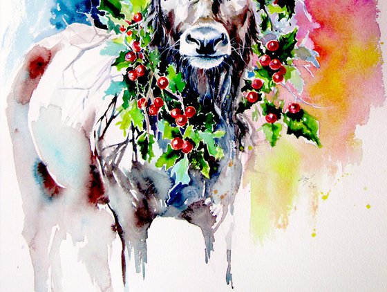 Deer with holly branch