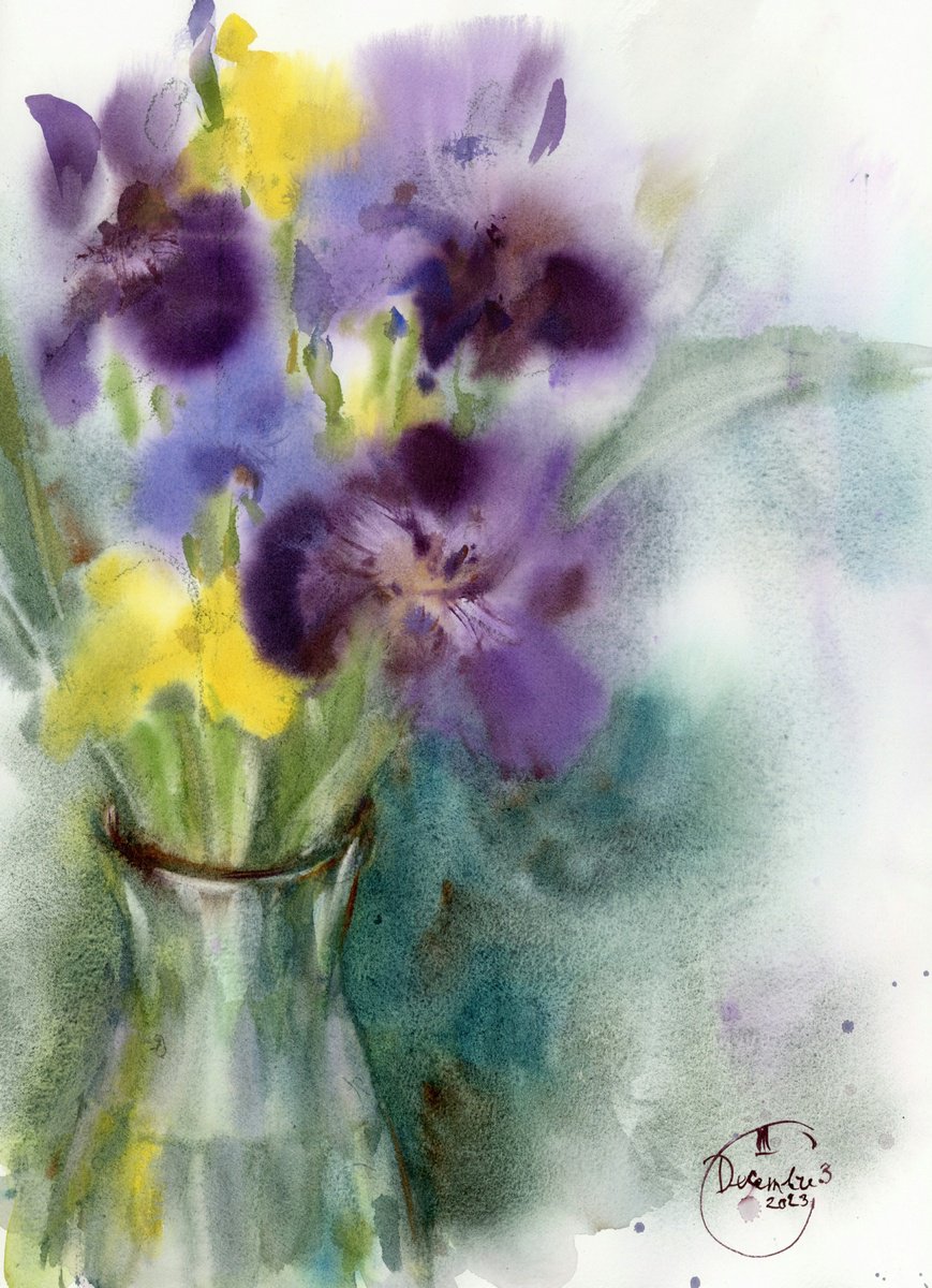 Bouquet of purple and yellow irises in a glass vase. by Tatyana Tokareva