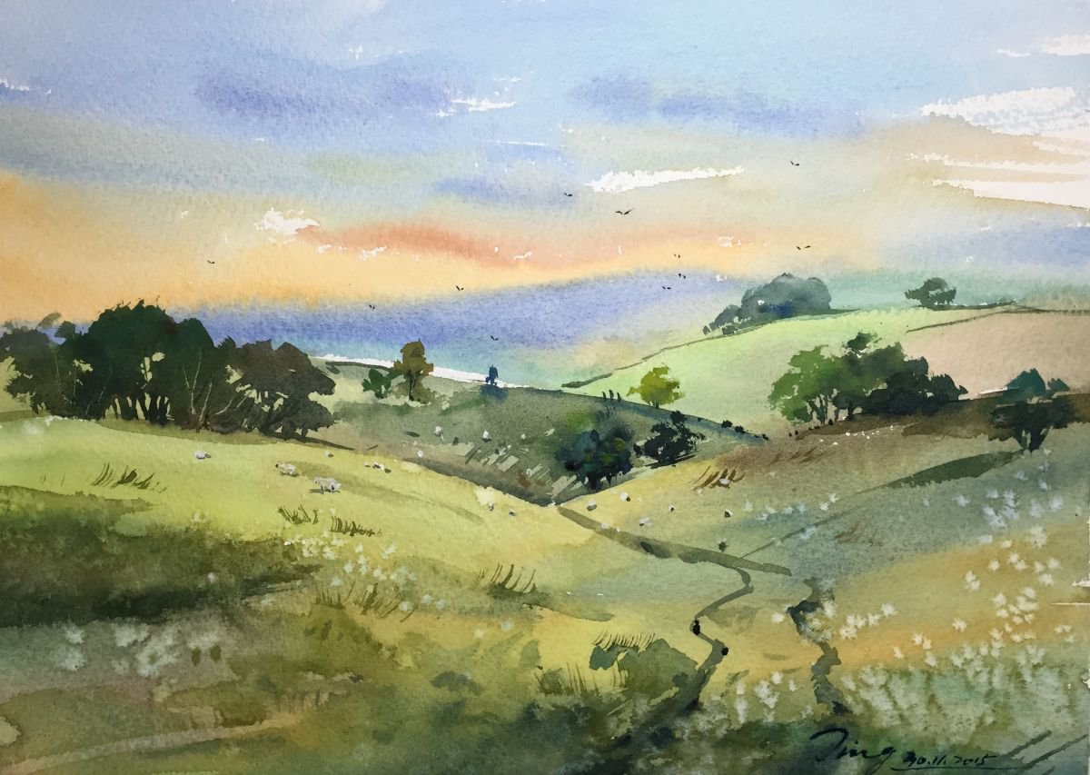 Impressionistic Landscape Watercolour By Jing Chen, 15 X 11, Over The Hills, Original Artwork
