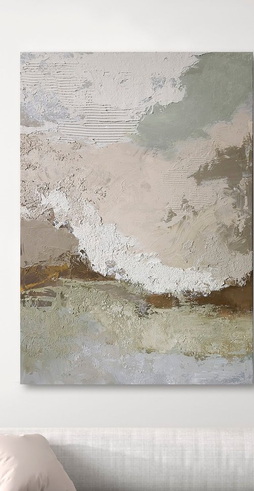 "Beige Fjord 2" Abstract beige sage green art by Marine