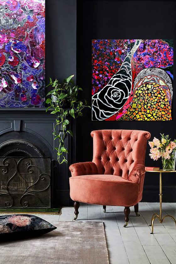 Rose soul - 100x100 cm Large abstract painting. Burgundy lilac wall art