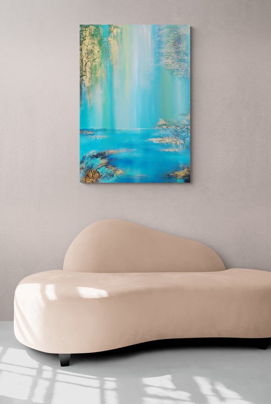 A XL large semi-abstract beautiful structured mixed media painting of a lake "Under the willow"