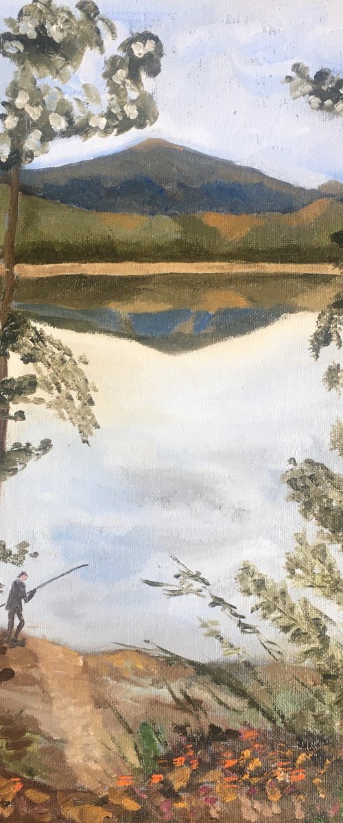 Fishing beside a tranquil lake. An original oil painting by Julian Lovegrove Art