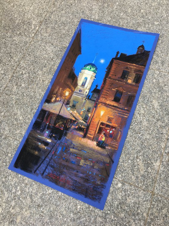 Night lights Ukrainian city of Lviv. Soft pastel drawing 25.5х12.7 inch (65x32.5 cm)
