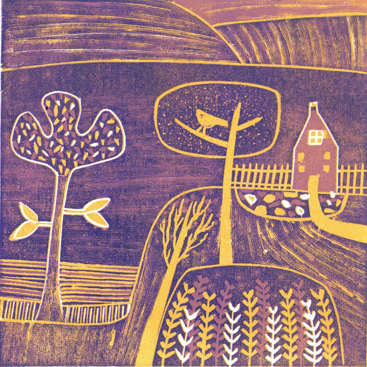 Graphic Landscape Linocut By Layla Khani (Aka Laylart), 6 X 6", 