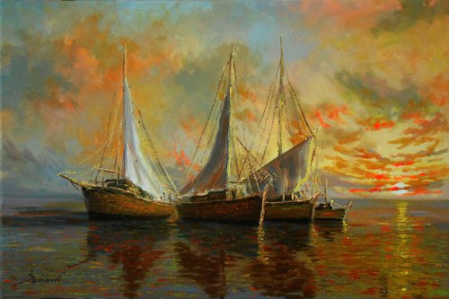 The Fishing Boats, Impressionism,  beautiful oil on canvas, seascape, boats by Borko Sainovic